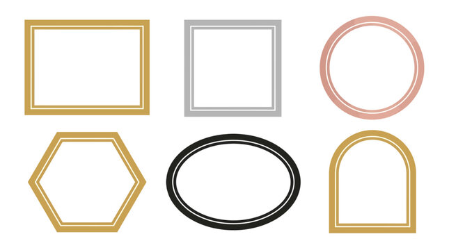 Geometric frames set features simple elegant metallic shapes in various outlines isolated on a plain background.