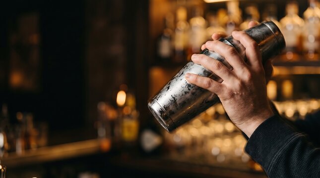 Bartender shaking a metal cocktail shaker in a dimly lit bar