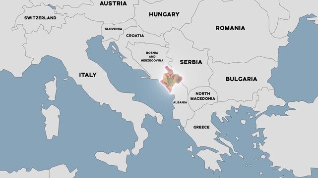 4K animation of a political map of Montenegro highlighted with the colors of the Montenegrin national flag
