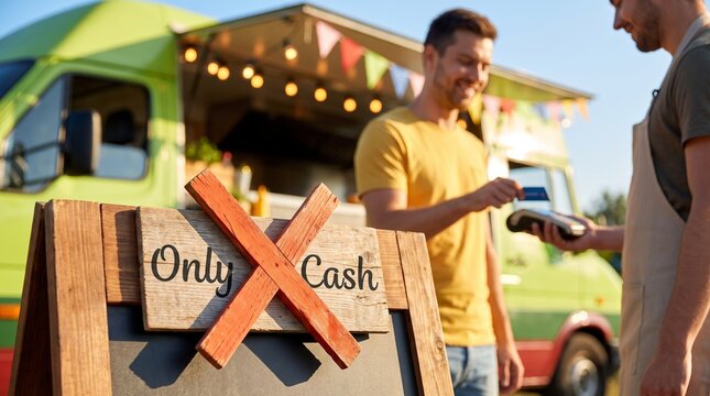 Contactless payment at food truck with young caucasian males in background