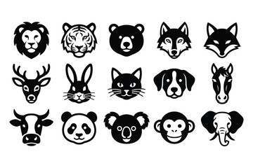 Fototapeta premium Collection of various wild and domestic animal head icons in a simple black and white vector style