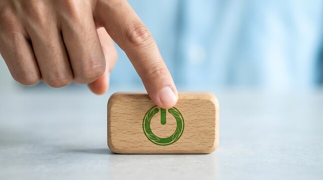 Finger pressing green power button icon