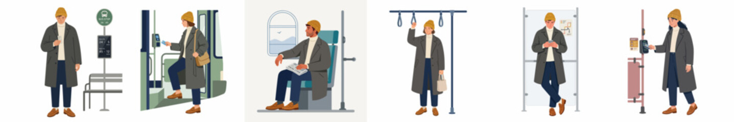 Obraz premium Flat illustration series depicting a woman's daily commute on public transportation, including waiting at a stop, boarding, sitting, and standing.