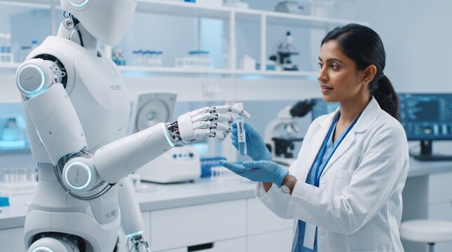 Robot assistant scientist in lab with test tube, suitable for technology or sciencerelated designs, ai concept, or medical research themes.