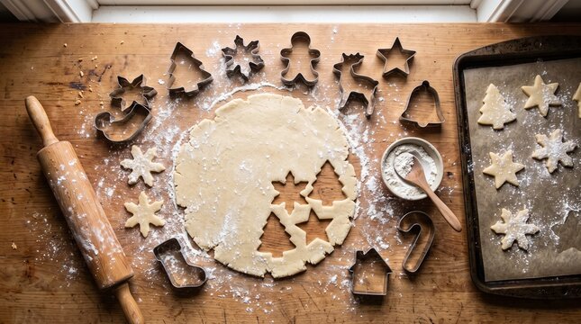 Christmas cookie baking scene with dough, cutters, rolling pin and baking sheet with cookies