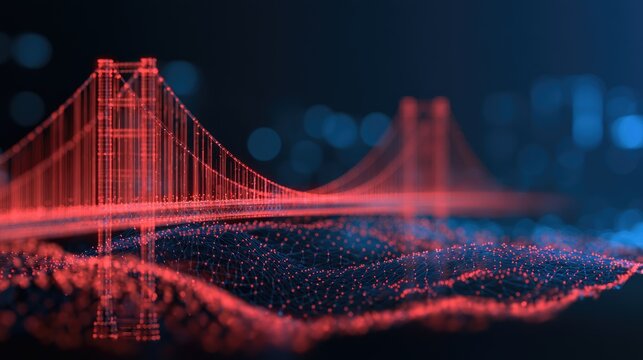 Digital bridge connecting networks of red and blue abstract points