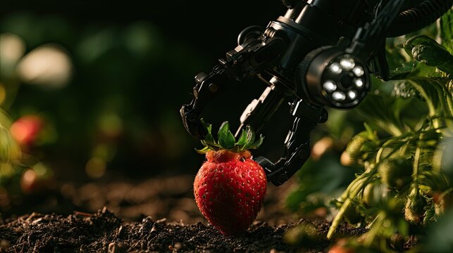 Robotic arm gently harvests a ripe red berry in a sun-drenched field