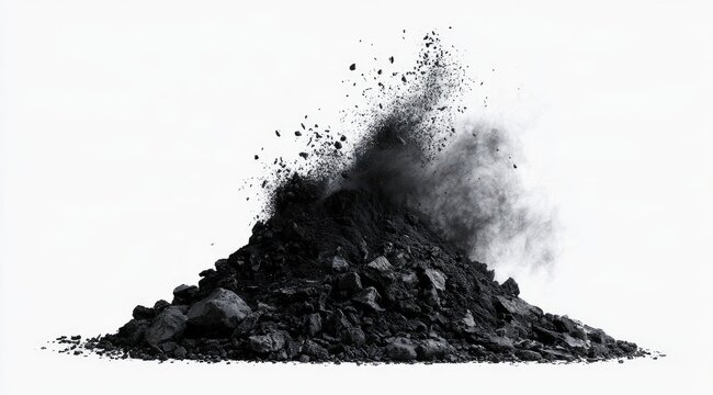 Dark, granular material exploding upwards into a cloud of fine dust
