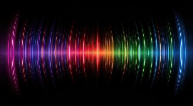 Vibrant rainbow sound wave pulses and glows in the darkness
