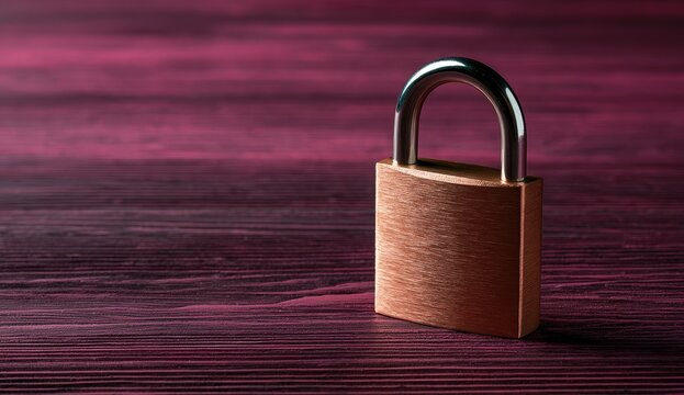 Copper padlock secured on a rich, textured wooden surface