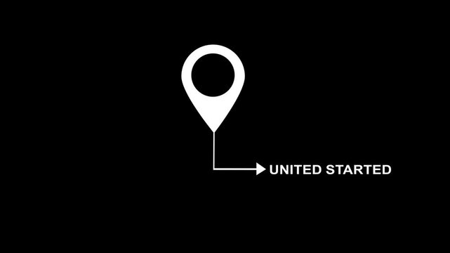 Dynamic white location map pin animation with text callout on minimalist pure black background, modern navigation systems, travel applications, and, interactive digital interfaces