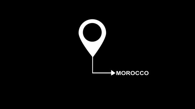 Animated white location map pin with text pointer and arrow typing morocco on a solid black background, for global travel, navigation, tourism and, geographical destination discovery projects
