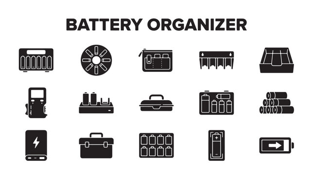 Battery organizer icon set, 15 black glyph vector symbols, power bank storage case container, portable charger holder graphics