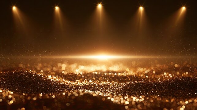 Golden, glittering particles illuminated by spotlights, creating a luxurious atmosphere
