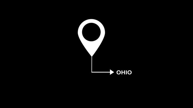 Animated white map pin locator pointing toward the state name ohio appearing with typing effect on clean solid black background, for travel and, destination marketing projects