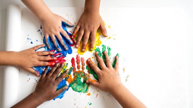 Children with colorful painted hands joining palms in creative classroom activity