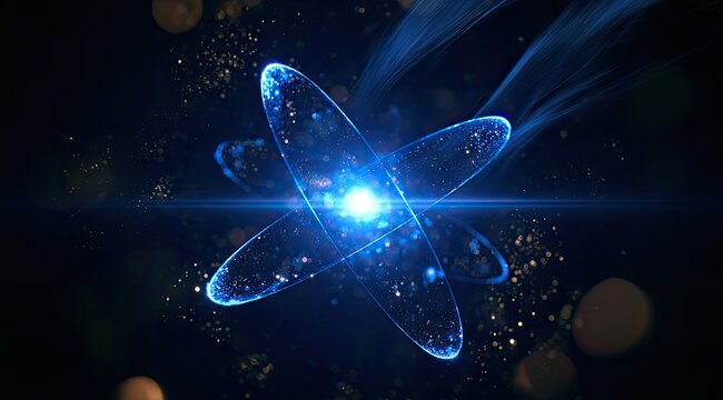 Glowing atomic structure with orbiting electrons and light particles