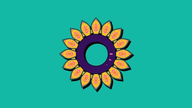Animated floral mandala ornament on cyan