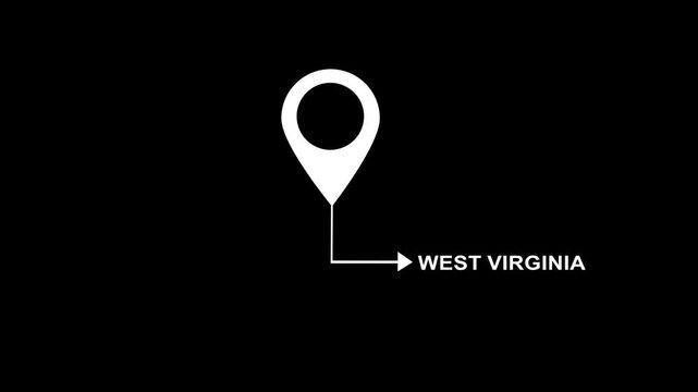 Animated white location map pin with text typing out west virginia on clean minimalist black background, for travel, tourism, navigation, and geographic, destination projects