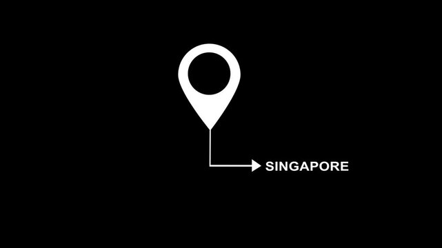 Animated white location map pin pointer with arrow indicator and singapore text label motion isolated on clean solid black background, for travel and, destination projects