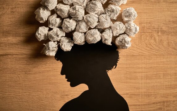 Crumpled paper balls form a silhouette of a person's head