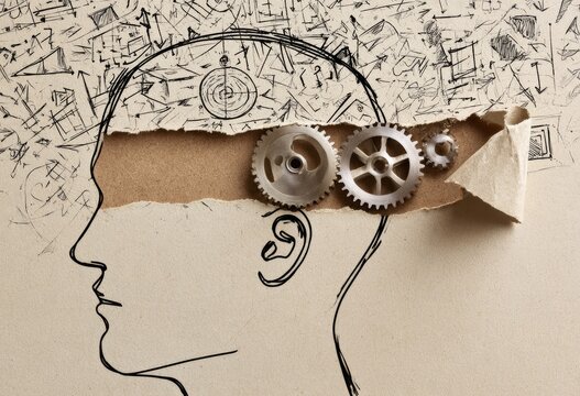 Torn paper reveals gears and scribbled thought patterns within a head outline