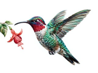 Obraz premium Hummingbird with iridescent green and red plumage feeding from red fuchsia flower against white background
