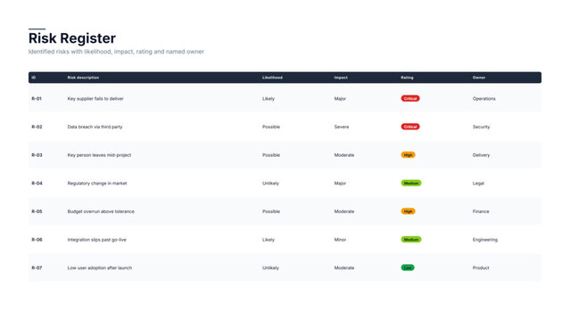 Risk register template with likelihood impact and owner