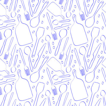 Blue kitchen utensils seamless pattern. Hand drawn vector background with cutlery and tools on white.