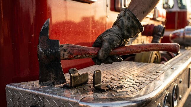 Firefighter holding a heavy axe on a red fire truck engine
