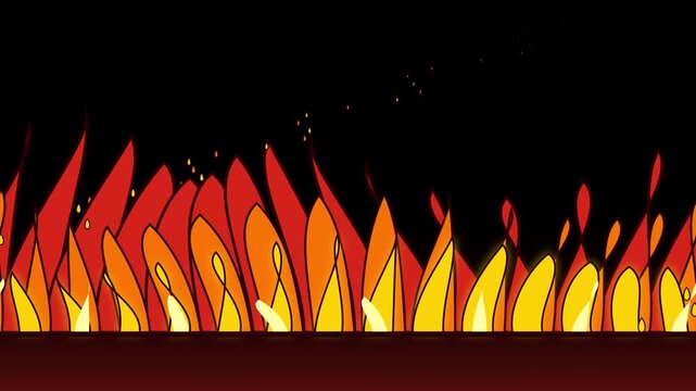 Stylized cartoon fire flames burning in a row illustration design video