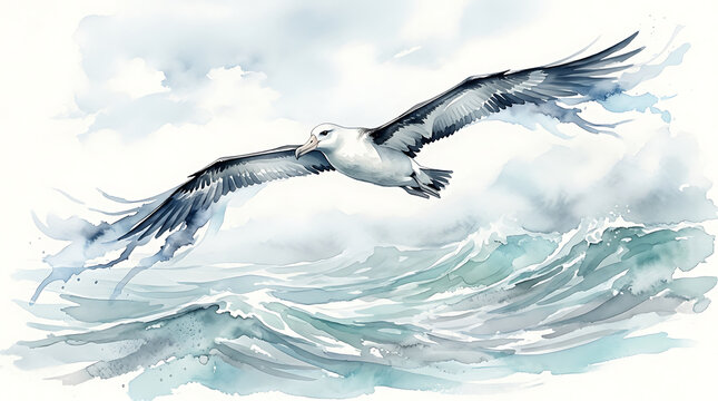 Albatross bird soaring over turquoise ocean waves in watercolor style