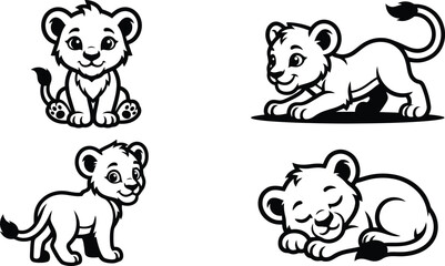 Obraz premium Cute cartoon lion cub vector rendering assortment featuring four different poses like sitting, crouching, standing and sleeping.