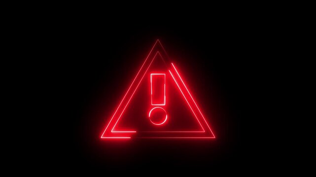 Glowing neon red color warning attention sign icon animation danger risk alert error stop signal emergency hazard problem issue sign symbol on black background	