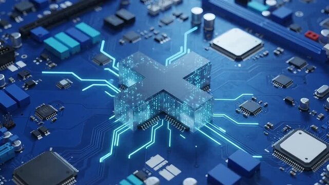 Glowing blue plus symbol processor chip on tech circuit board