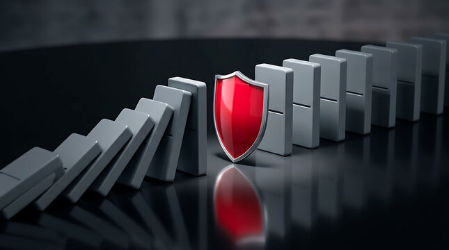 Red protective shield stopping a line of falling grey domino tiles on table