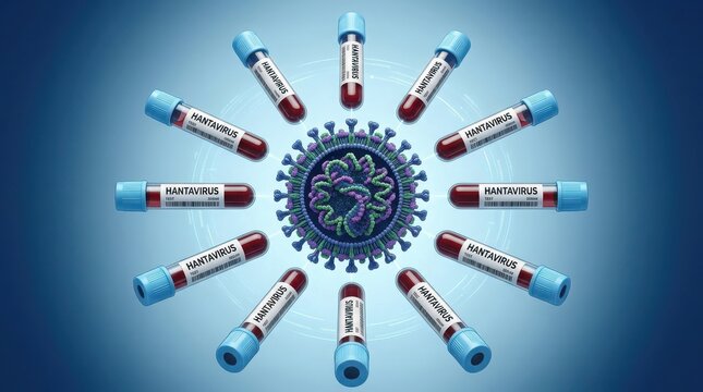 Hantavirus medical testing concept with virus model and test tubes