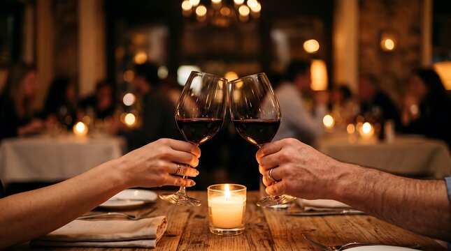 Couple toasting with red wine glasses at a romantic restaurant table with candlelight