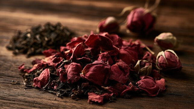 Dried red rose petals and buds mixed with black tea leaves on rustic wooden table for floral herbal tea, natural aromatherapy and botanical wellness concepts