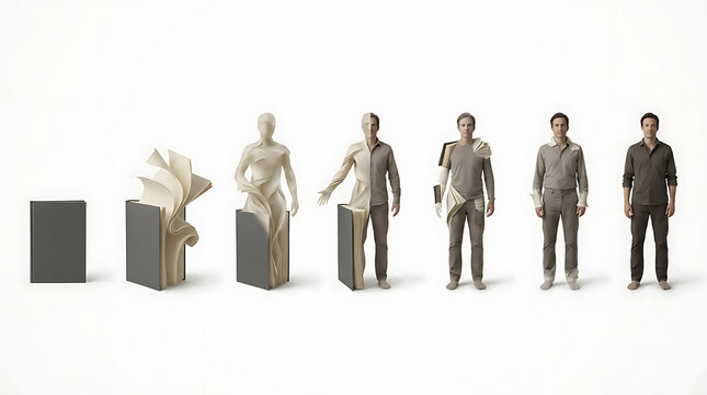 Conceptual transformation sequence from a closed book to a full-grown man isolated on white background
