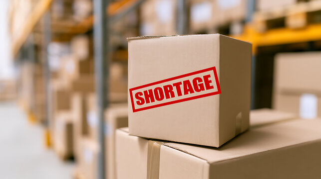 A cardboard box stamped with shortage in a warehouse setting, illustrating global supply chain disruption, economic challenge, and low stock