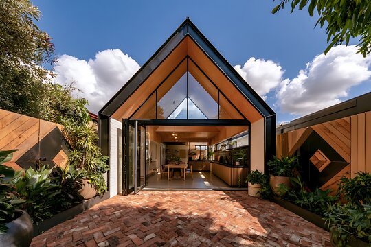 Modern aframe house extension with glass facade, open plan living area, and a brick patio surrounded by lush greenery