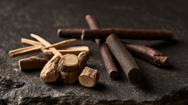 Dried botanical roots and woody herbal sticks arranged on dark stone surface for natural medicine, herbalism, apothecary and organic ingredient concepts
