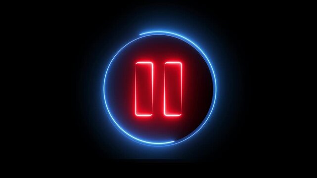 Glowing neon red and blue color media player pause buttons sign icon animation audio video song stop circle control push press click play on black background