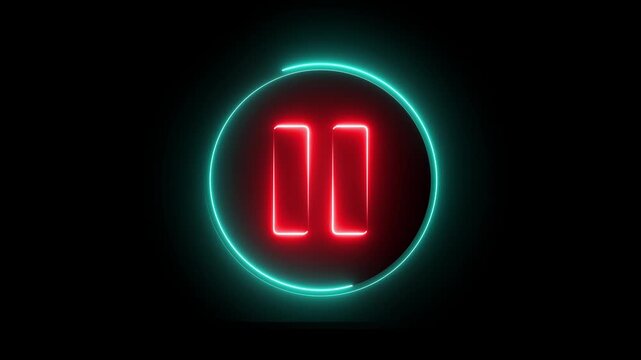 Glowing neon red and cyan color media player pause buttons sign icon animation audio video song stop circle control push press click play on black background