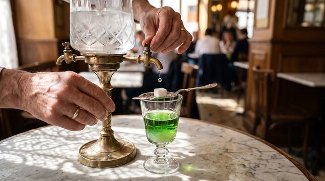 Person preparing traditional absinthe with water drip and sugar cube in a cafe