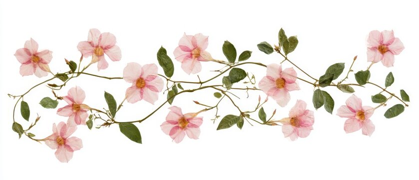 Pressed delicate pink Mandevilla vines, tropical botanical herbarium, pure white background