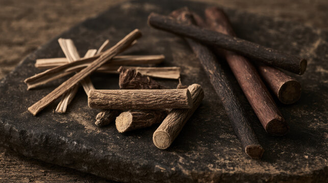 Dried herbal roots and botanical sticks displayed on rustic dark stone for traditional medicine, natural remedy and apothecary ingredient concepts