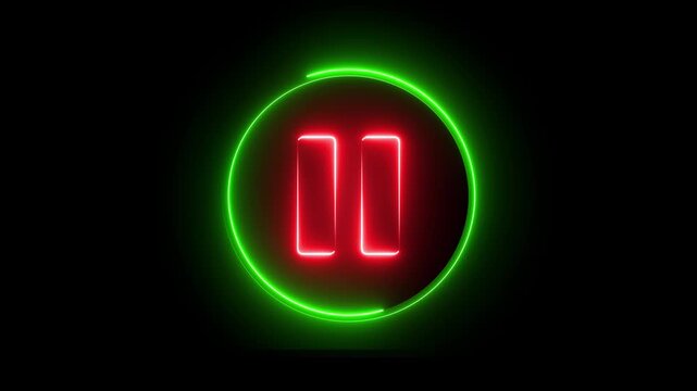 Glowing neon red and green color media player pause buttons sign icon animation audio video song stop circle control push press click play on black background