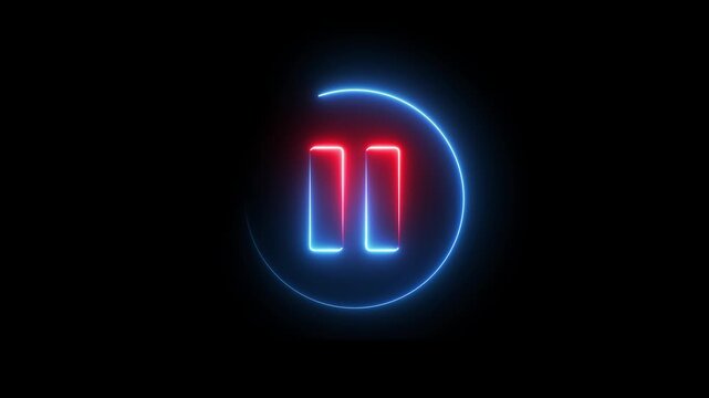 Glowing neon red and blue color media player pause buttons sign icon animation audio video song stop circle control push press click play on black background